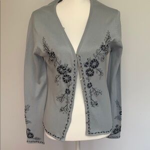 Elegant Gray Floral Embroidered Cardigan